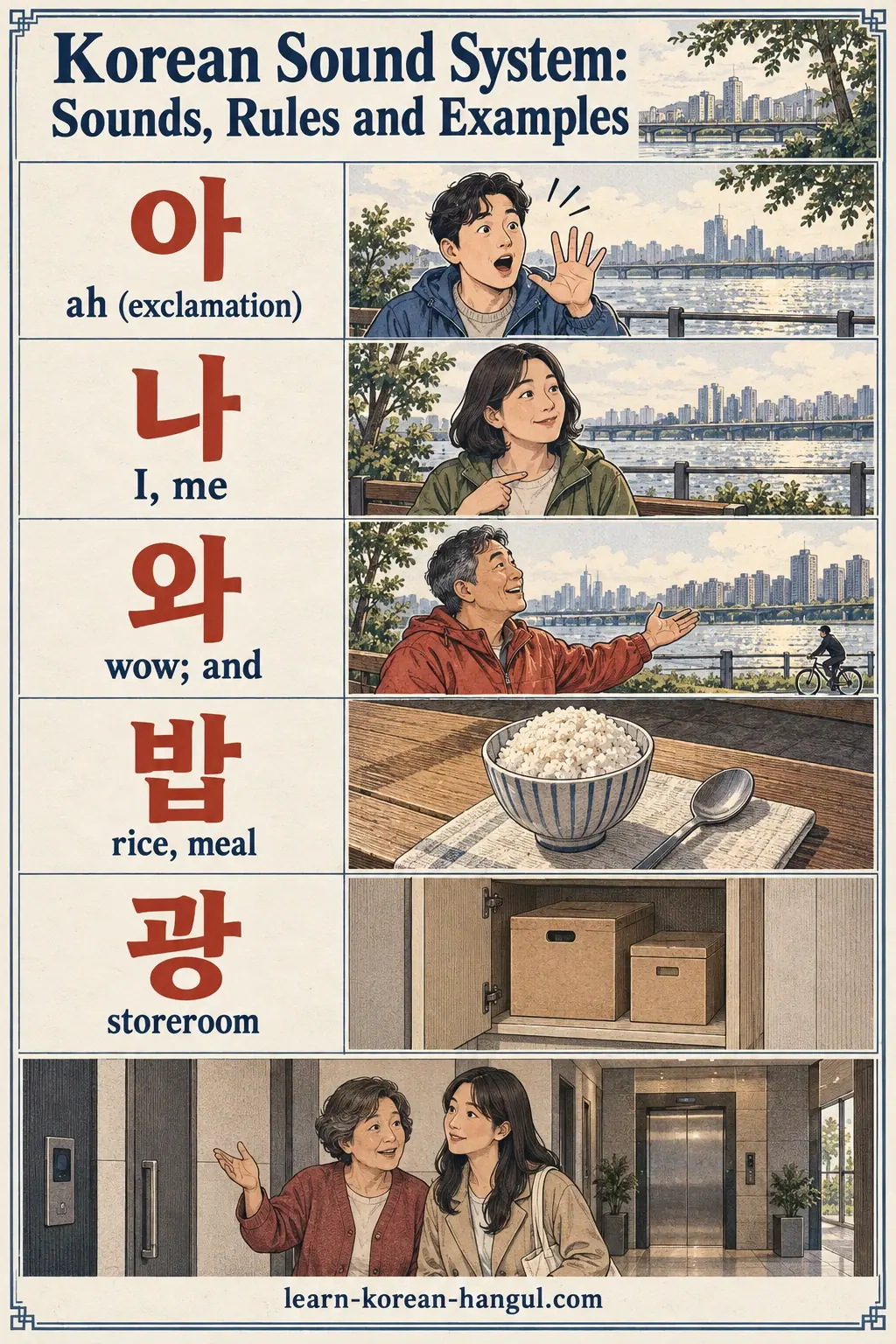 Korean examples: 아 / 나 / 와 / 밥 / 광