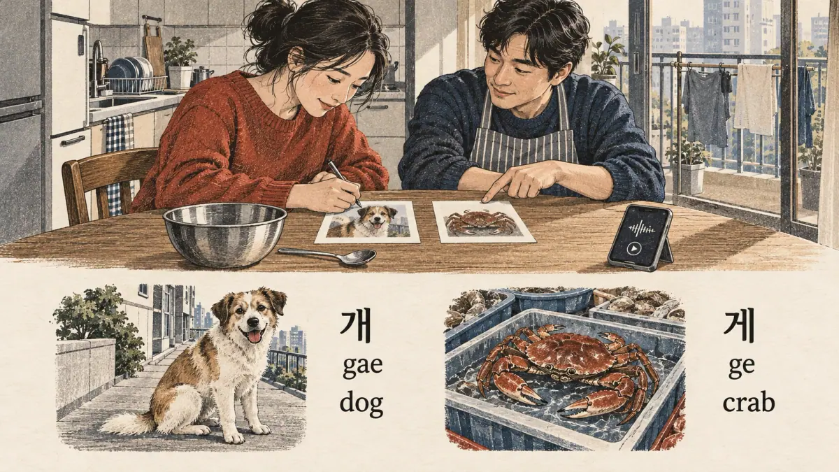 Korean examples: 개 / 게 / gae / ge