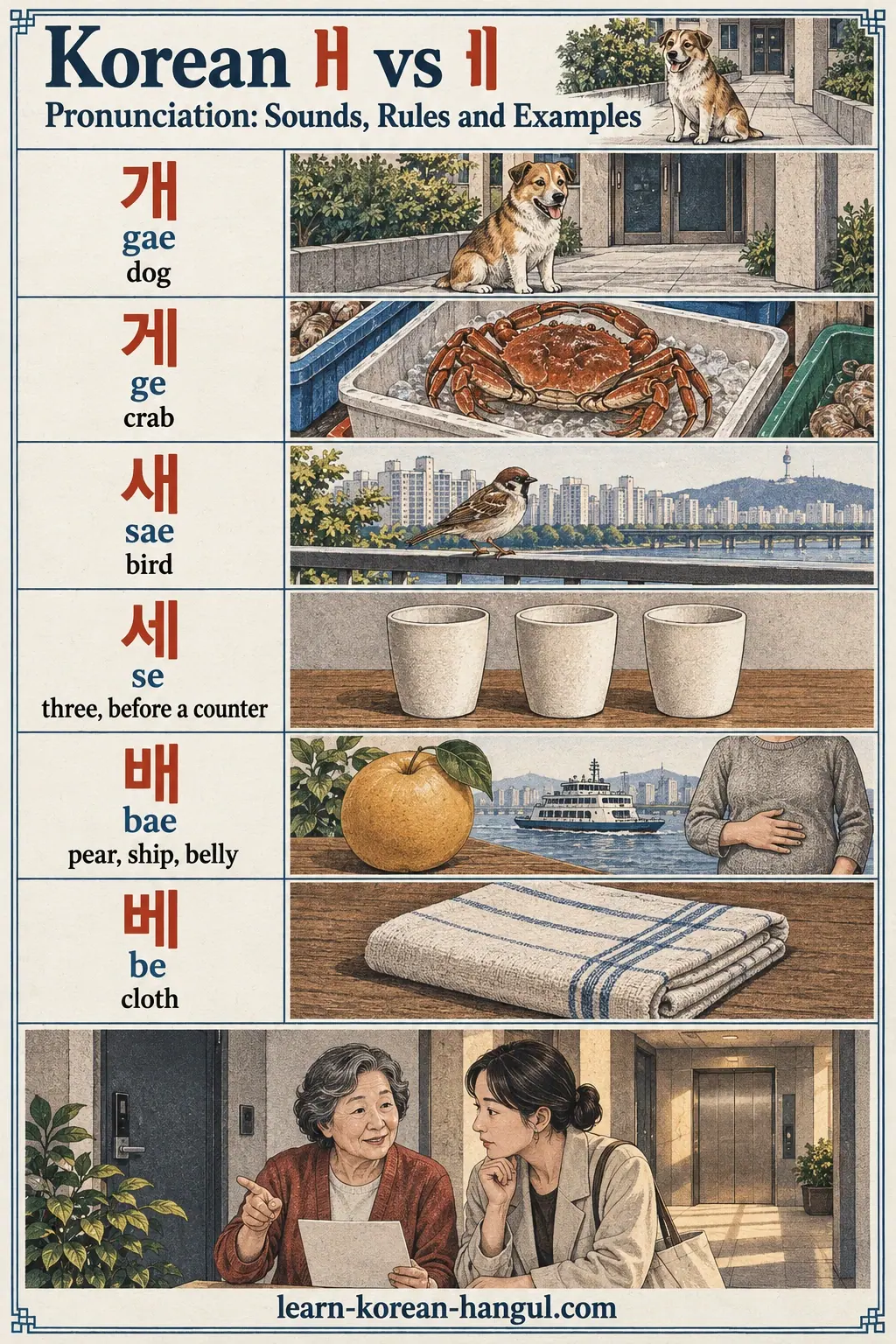Korean examples: 개 / 게 / 새 / 세 / 배 / 베 / gae / ge / sae / se / bae / be