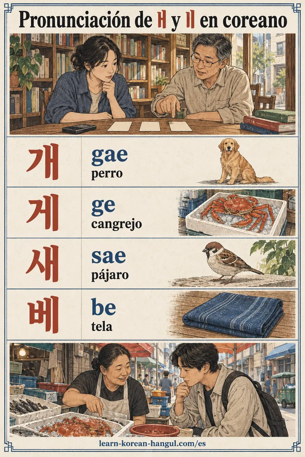 Ejemplos de coreano: 개 / 게 / 새 / 베 / gae / ge / sae / be