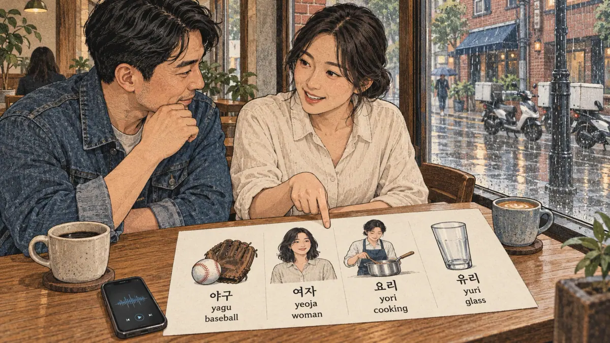 Korean examples: 야구 / 여자 / 요리 / 유리 / yagu / yeoja / yori / yuri