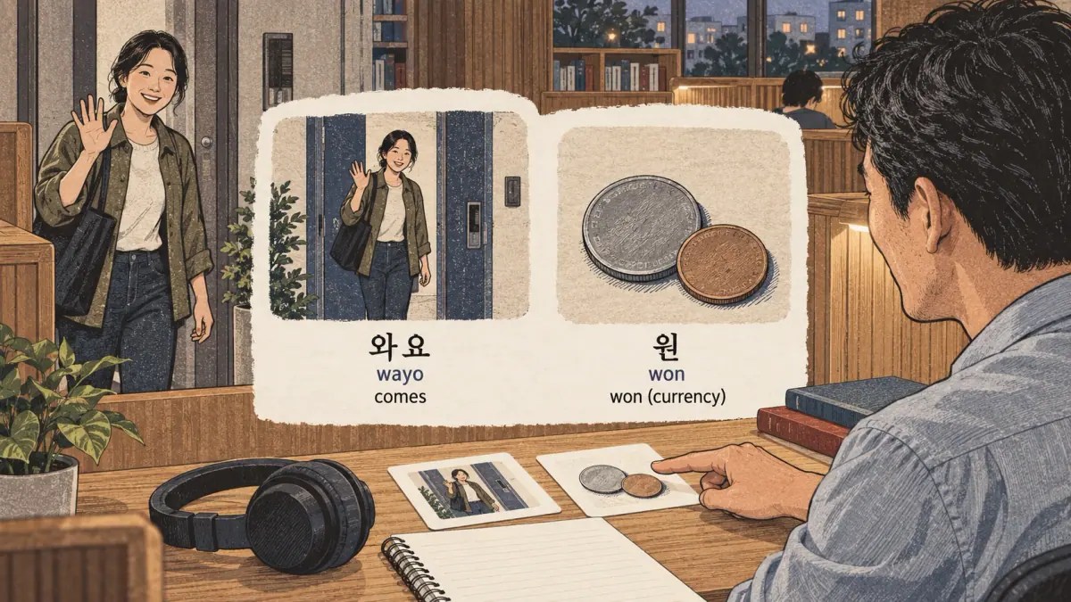 Korean examples: 와요 / 원 / wayo / won