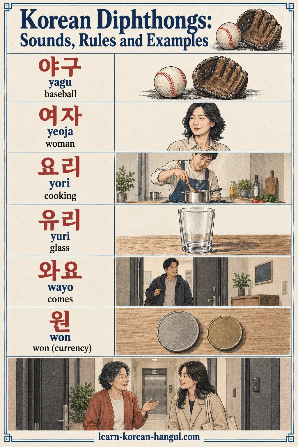 Korean examples: 야구 / 여자 / 요리 / 유리 / 와요 / 원 / yagu / yeoja / yori / yuri / wayo / won