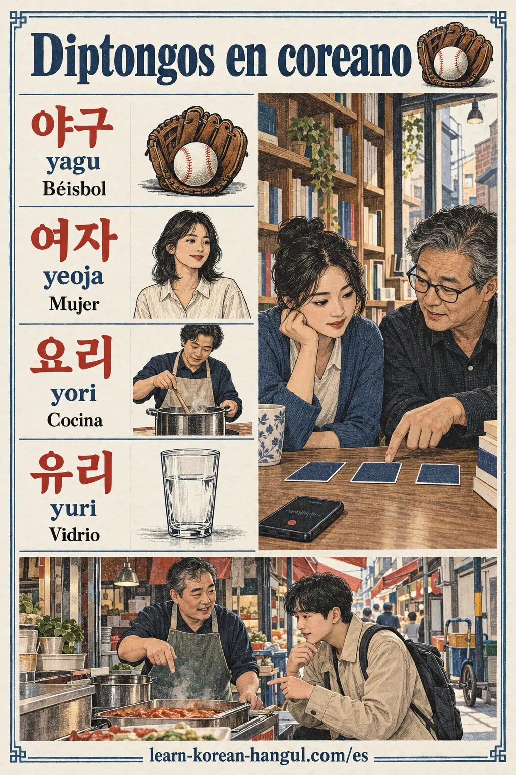 Ejemplos de coreano: 야구 / 여자 / 요리 / 유리 / yagu / yeoja / yori / yuri