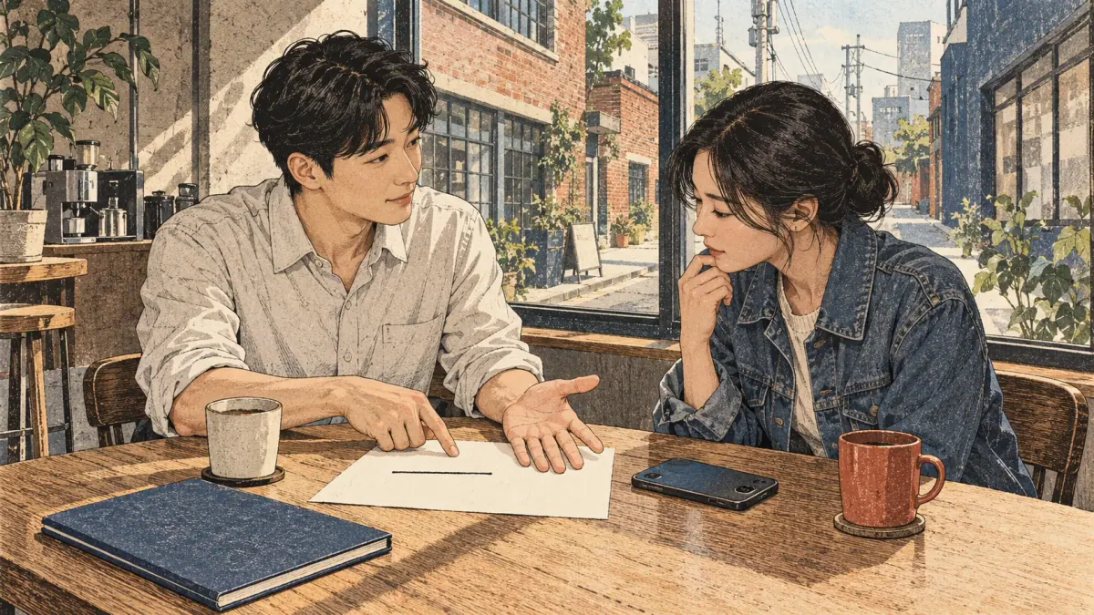 Adult learners practise Korean together in a Seoul café.