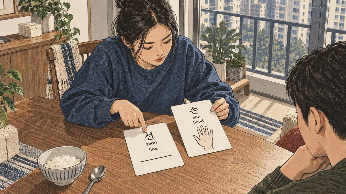 Illustrated practice cards: 선, seon, 손, son