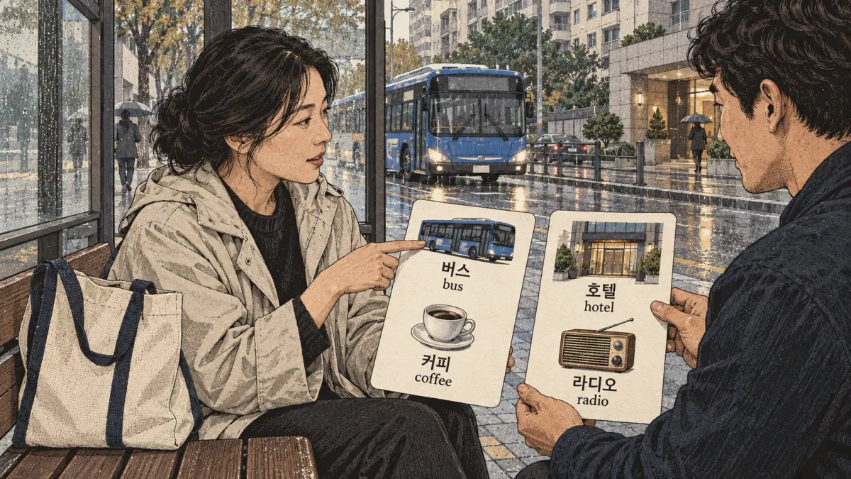 Illustrated practice cards: 버스, 커피, 호텔, 라디오