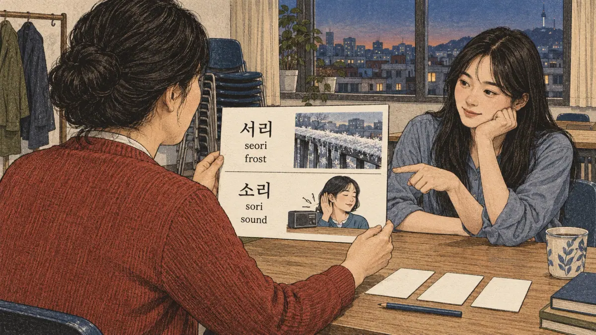 Illustrated practice cards: 서리, 소리