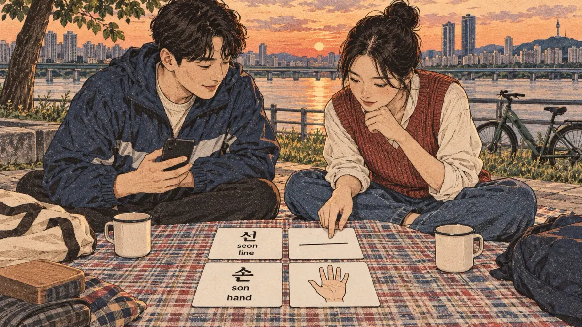 Illustrated practice cards: 선, seon, 손, son
