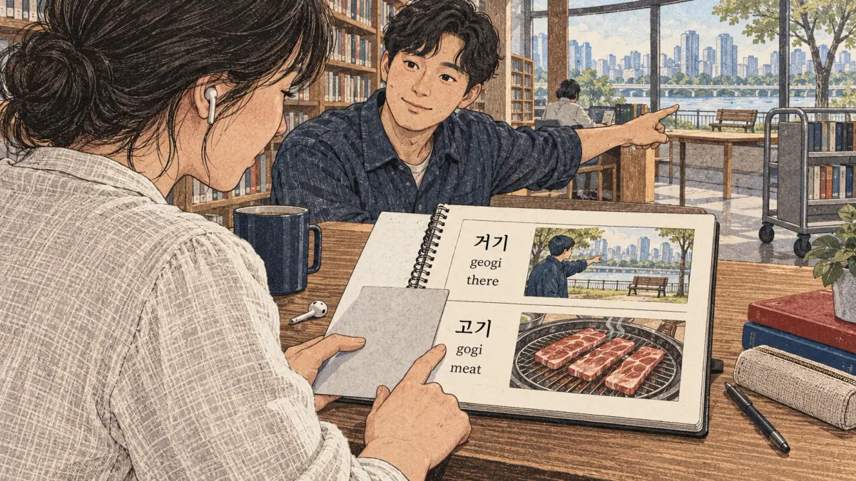 Illustrated practice cards: 거기, geogi, 고기, gogi