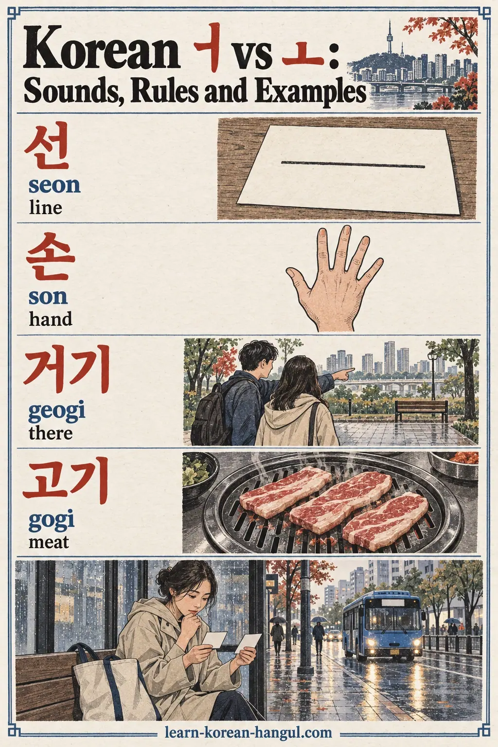 Illustrated practice cards: ㅓ, ㅗ, 선, seon, 손, son, 거기, geogi, 고기, gogi