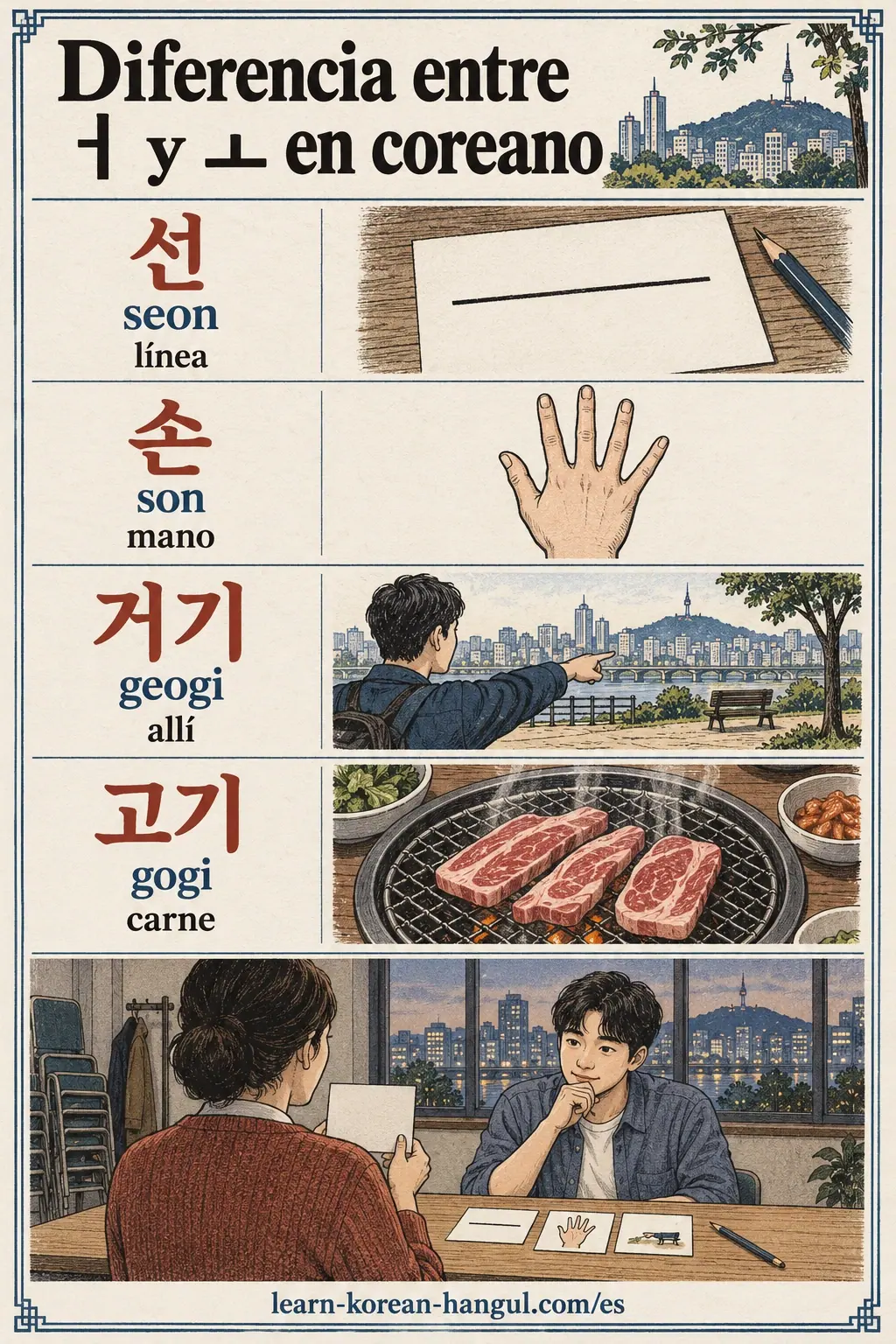 Tarjetas ilustradas de práctica: ㅓ, ㅗ, 선, seon, 손, son, 거기, geogi, 고기, gogi
