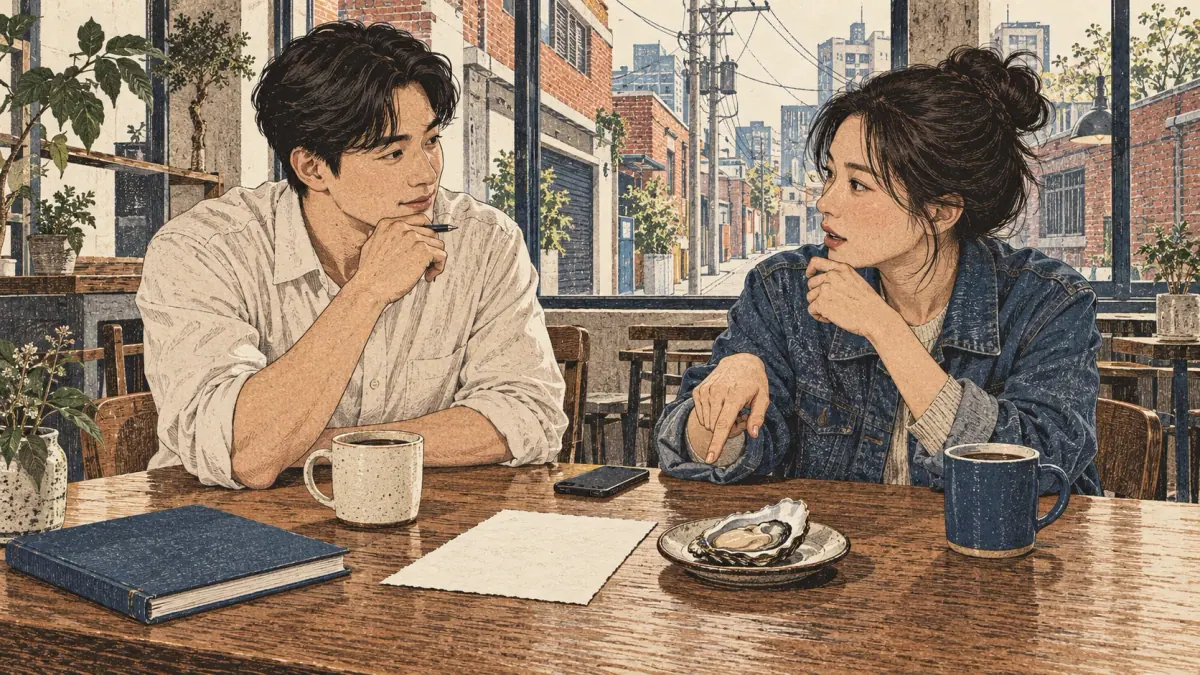 Adult learners practise Korean together in a Seoul café.