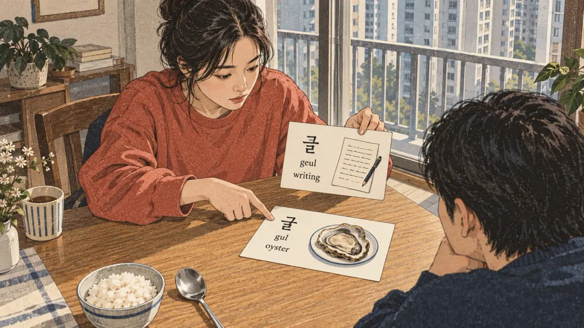 Illustrated practice cards: 글, geul, 굴, gul