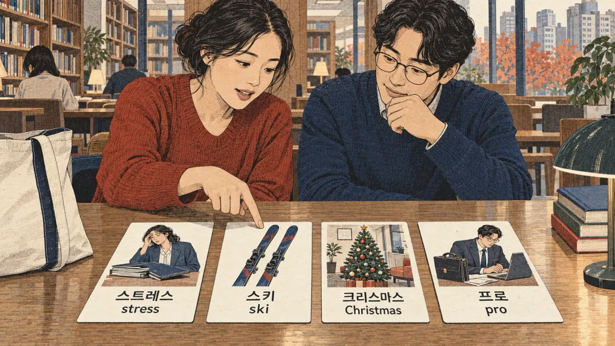 Illustrated practice cards: 스트레스, 스키, 크리스마스, 프로