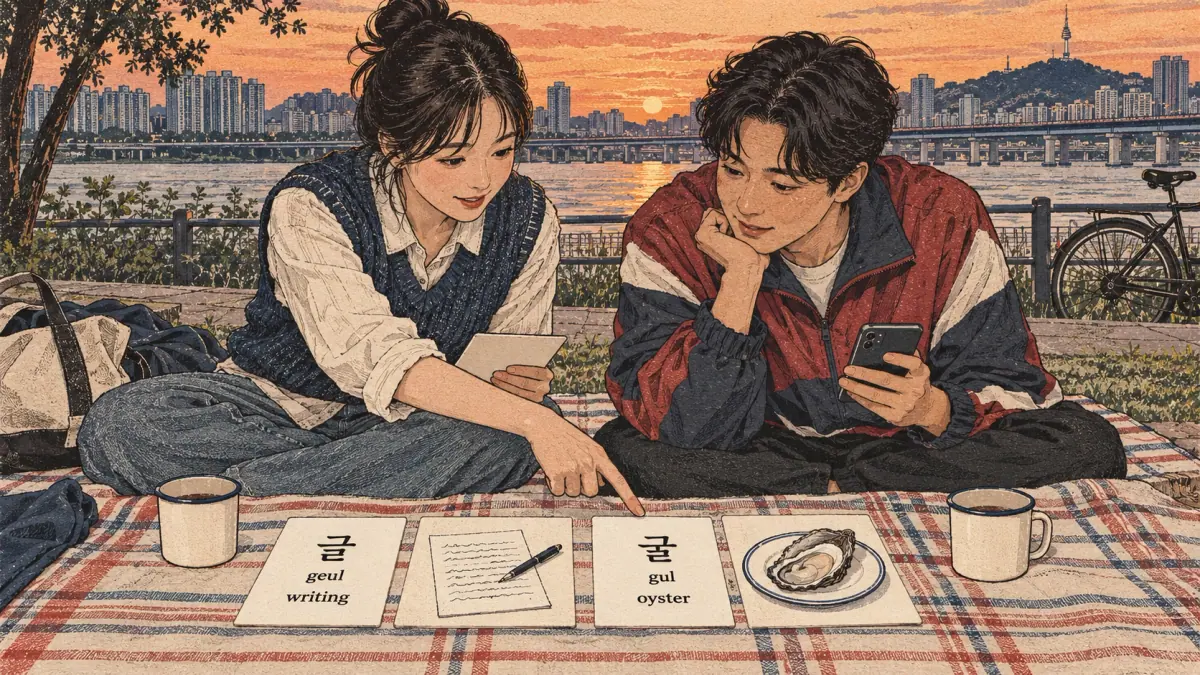Illustrated practice cards: 글, geul, 굴, gul