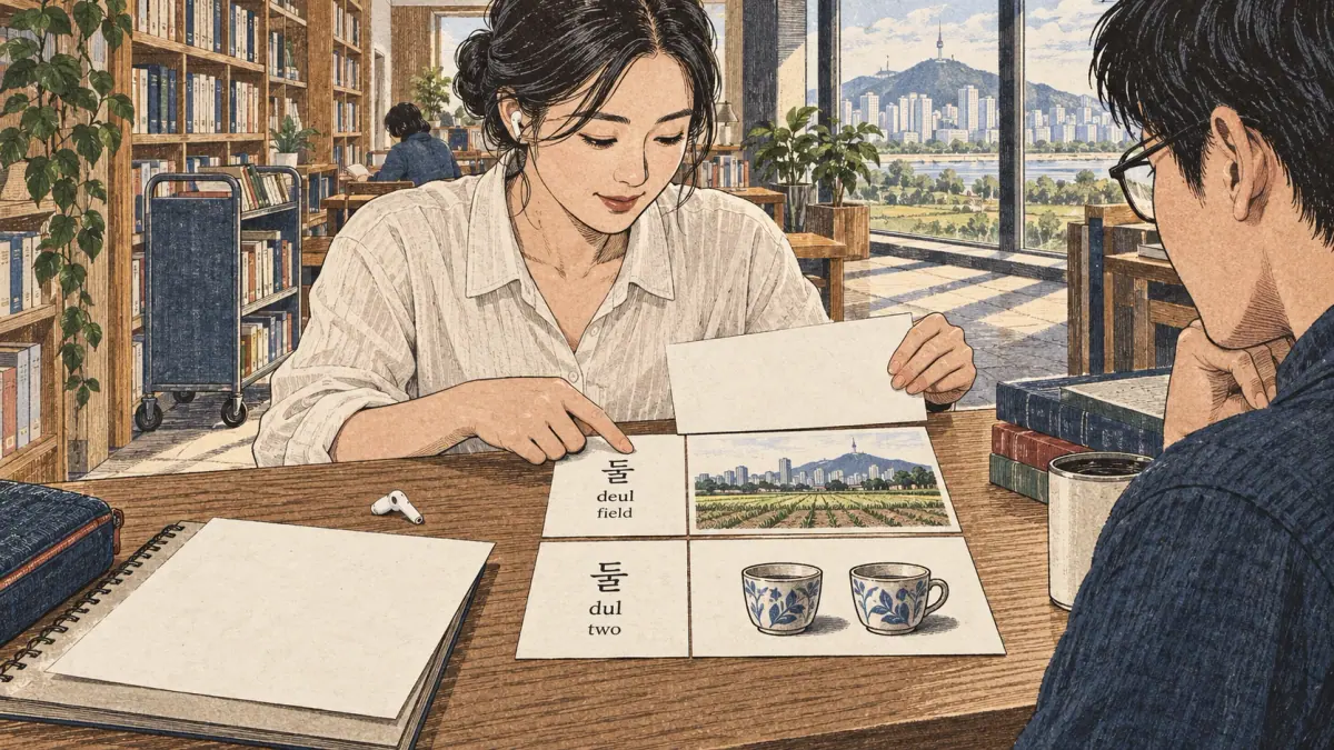 Illustrated practice cards: 들, deul, 둘, dul