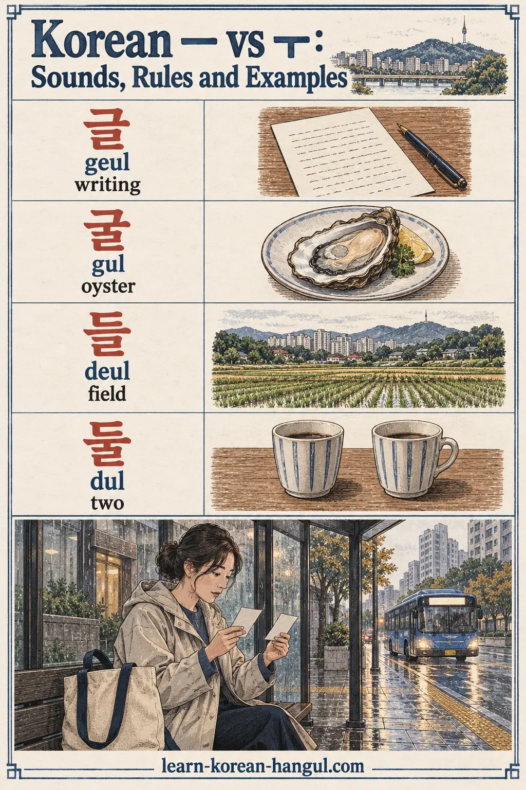Illustrated practice cards: ㅡ, ㅜ, 글, geul, 굴, gul, 들, deul, 둘, dul
