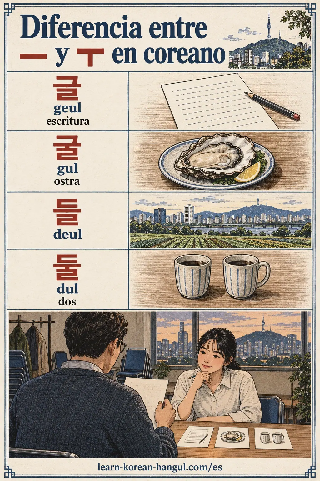 Tarjetas ilustradas de práctica: ㅡ, ㅜ, 글, geul, 굴, gul, 들, deul, 둘, dul