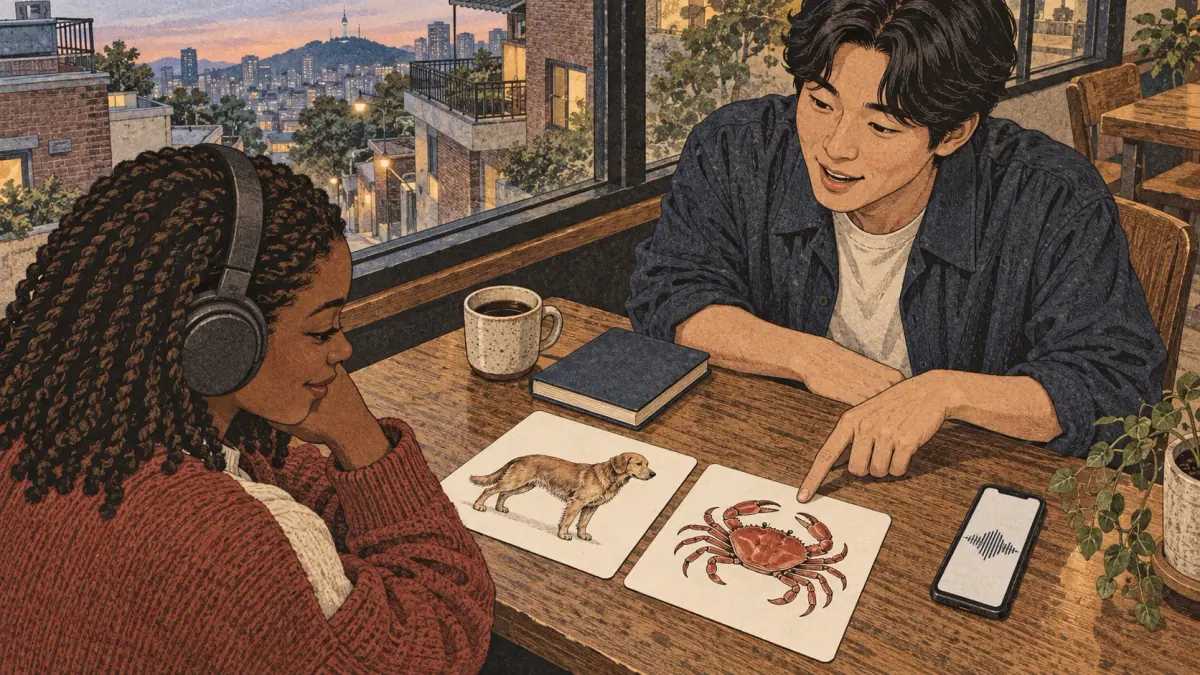 A learner compares dog and crab picture cards while listening to Korean words with merged vowels.