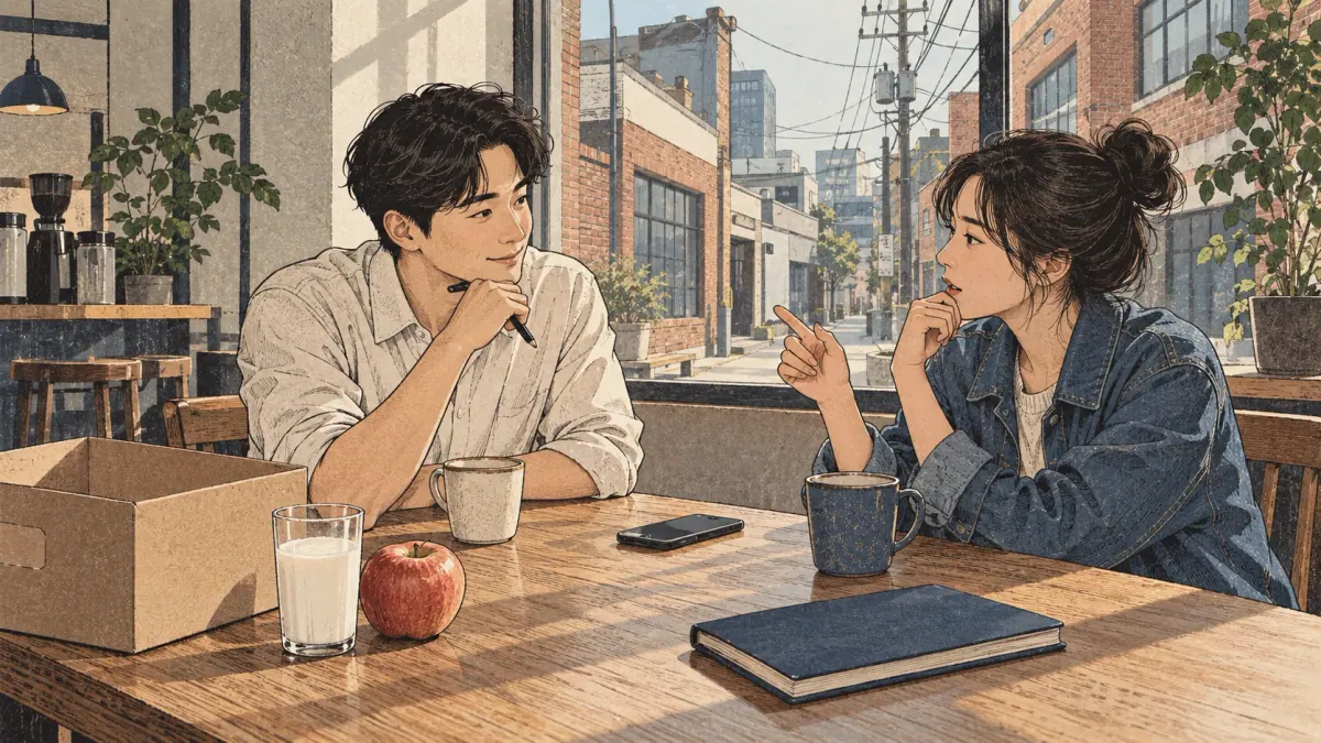 Adult learners practise Korean together in a Seoul café.