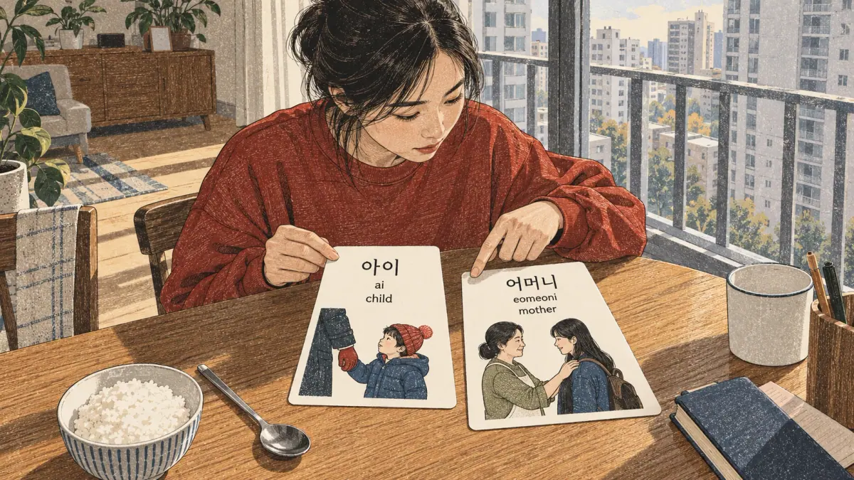 Illustrated practice cards: 아이, ai, 어머니, eomeoni