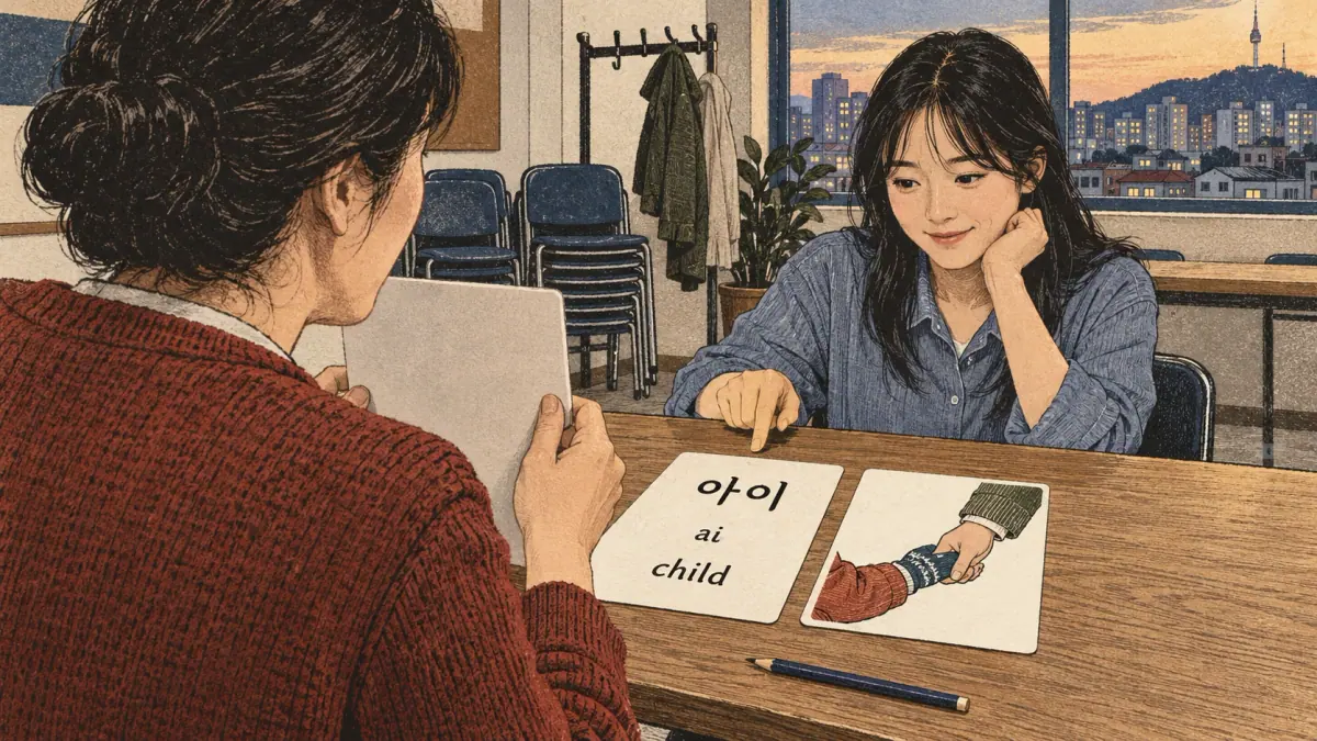 Illustrated practice cards: 아이, ai