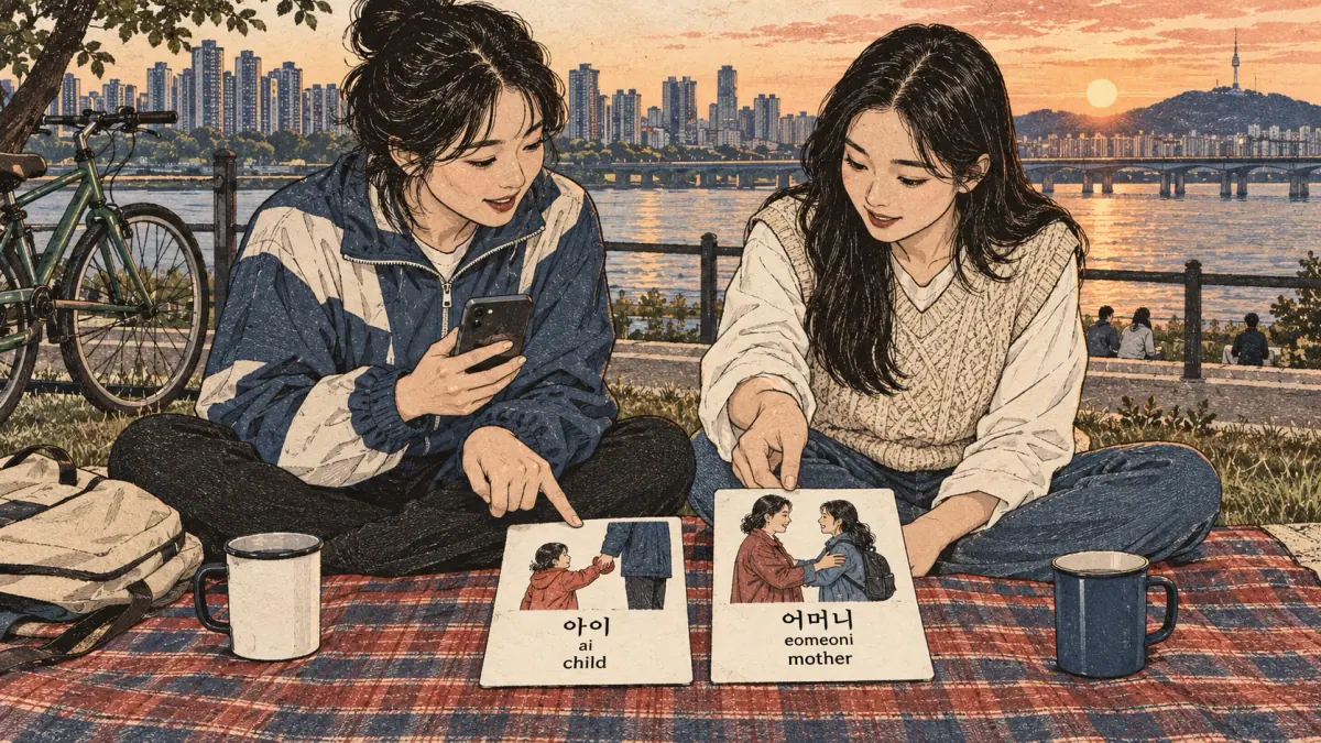 Illustrated practice cards: 아이, ai, 어머니, eomeoni