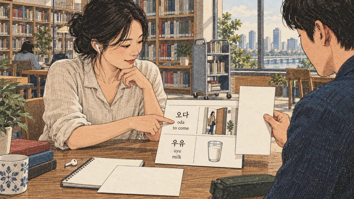 Illustrated practice cards: 오다, oda, 우유, uyu