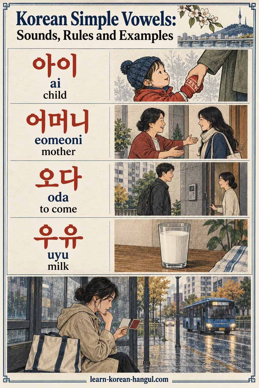 Illustrated practice cards: 아이, ai, 어머니, eomeoni, 오다, oda, 우유, uyu