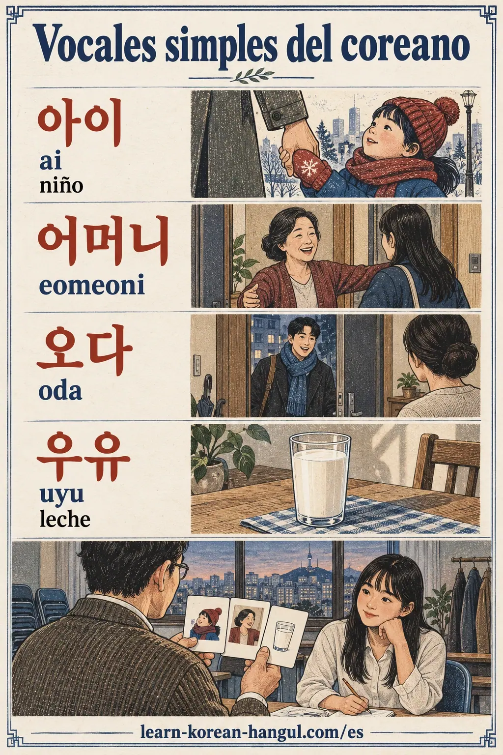 Tarjetas ilustradas de práctica: 아이, ai, 어머니, eomeoni, 오다, oda, 우유, uyu