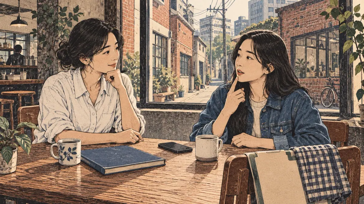 Adult learners practise Korean together in a Seoul café.