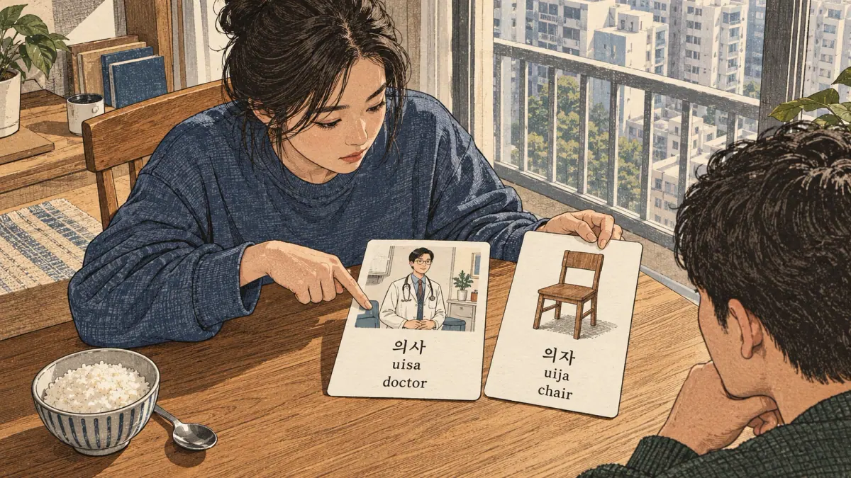 Illustrated practice cards: 의사, uisa, 의자, uija