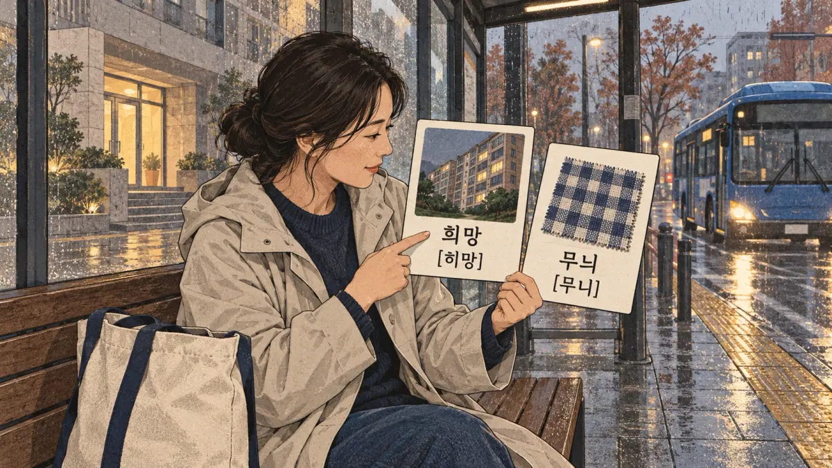 Illustrated practice cards: 희망, 히망, 무늬, 무니