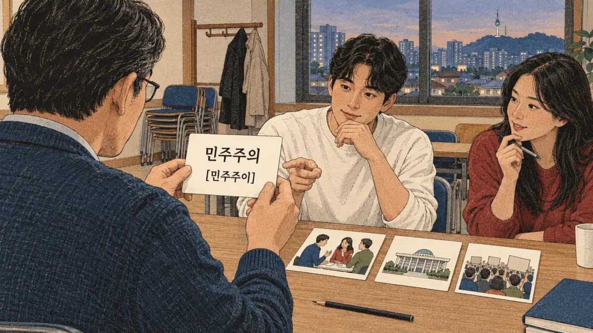 Illustrated practice cards: 민주주의, 민주주이