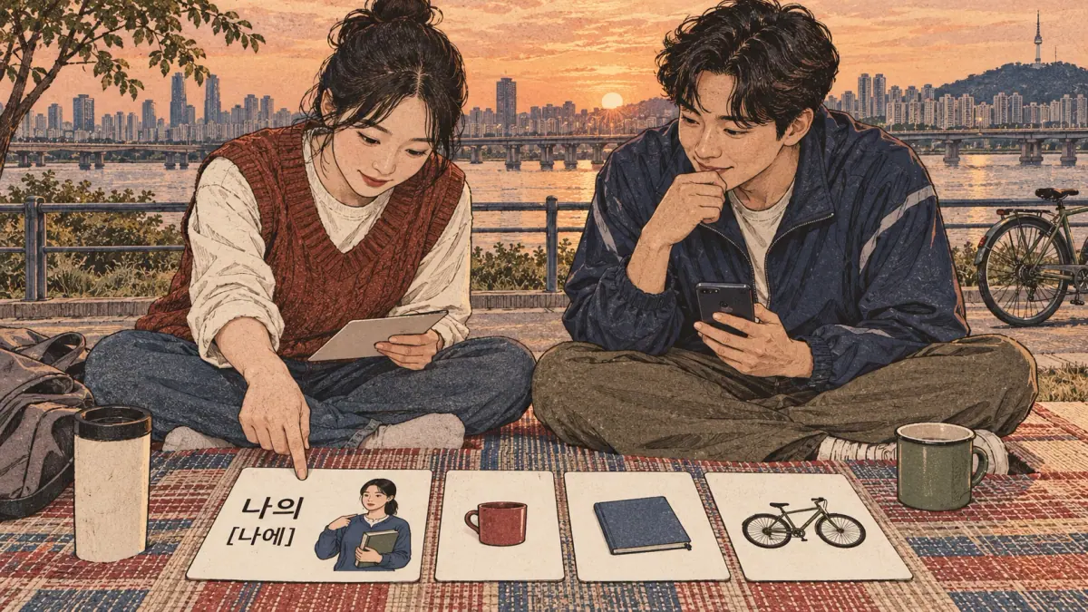 Illustrated practice cards: 나의, 나에