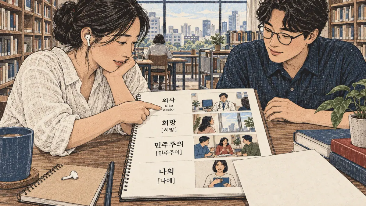 Illustrated practice cards: 의사, uisa, 희망, 히망, 민주주의, 민주주이, 나의, 나에