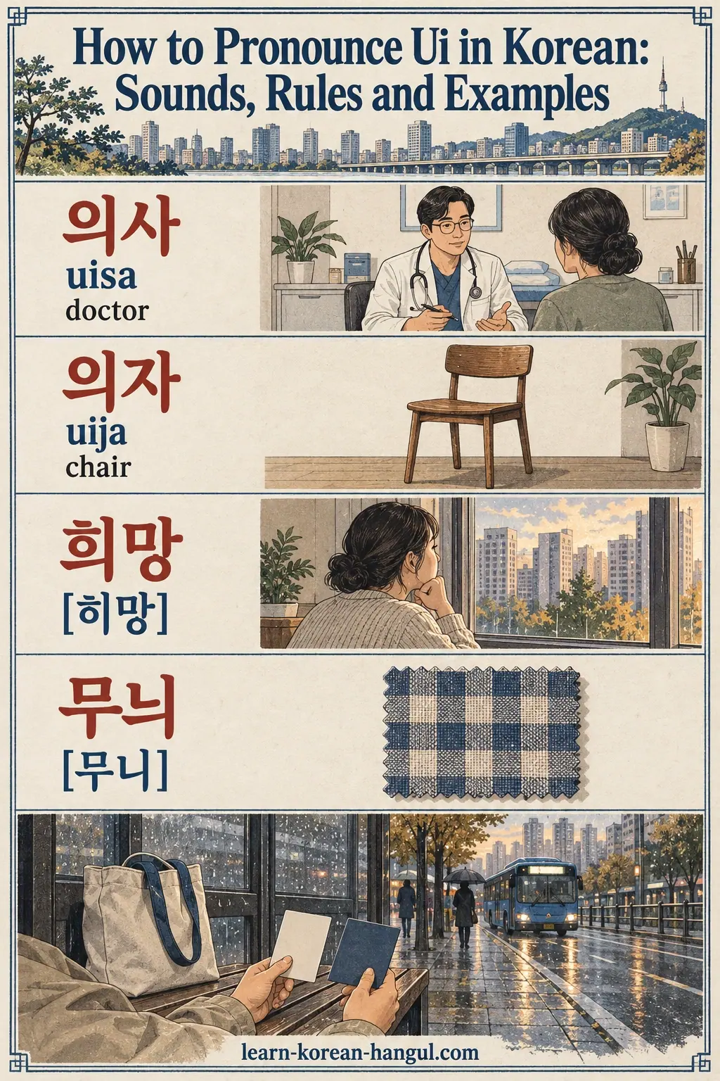 Illustrated practice cards: 의사, uisa, 의자, uija, 희망, 히망, 무늬, 무니