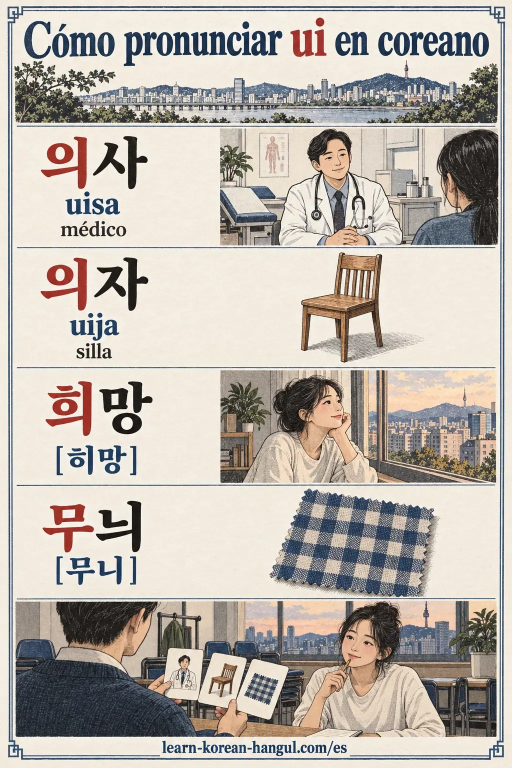 Tarjetas ilustradas de práctica: 의사, uisa, 의자, uija, 희망, 히망, 무늬, 무니