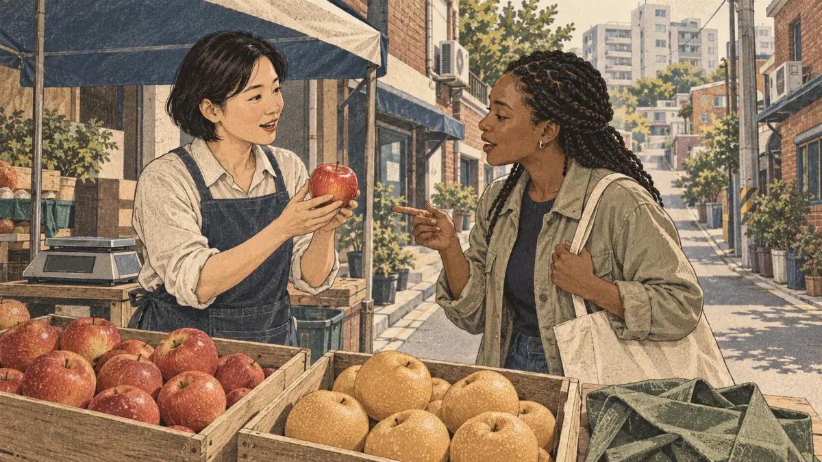 An adult learner practices Korean w-glide pronunciation with a fruit vendor holding an apple in Seoul.