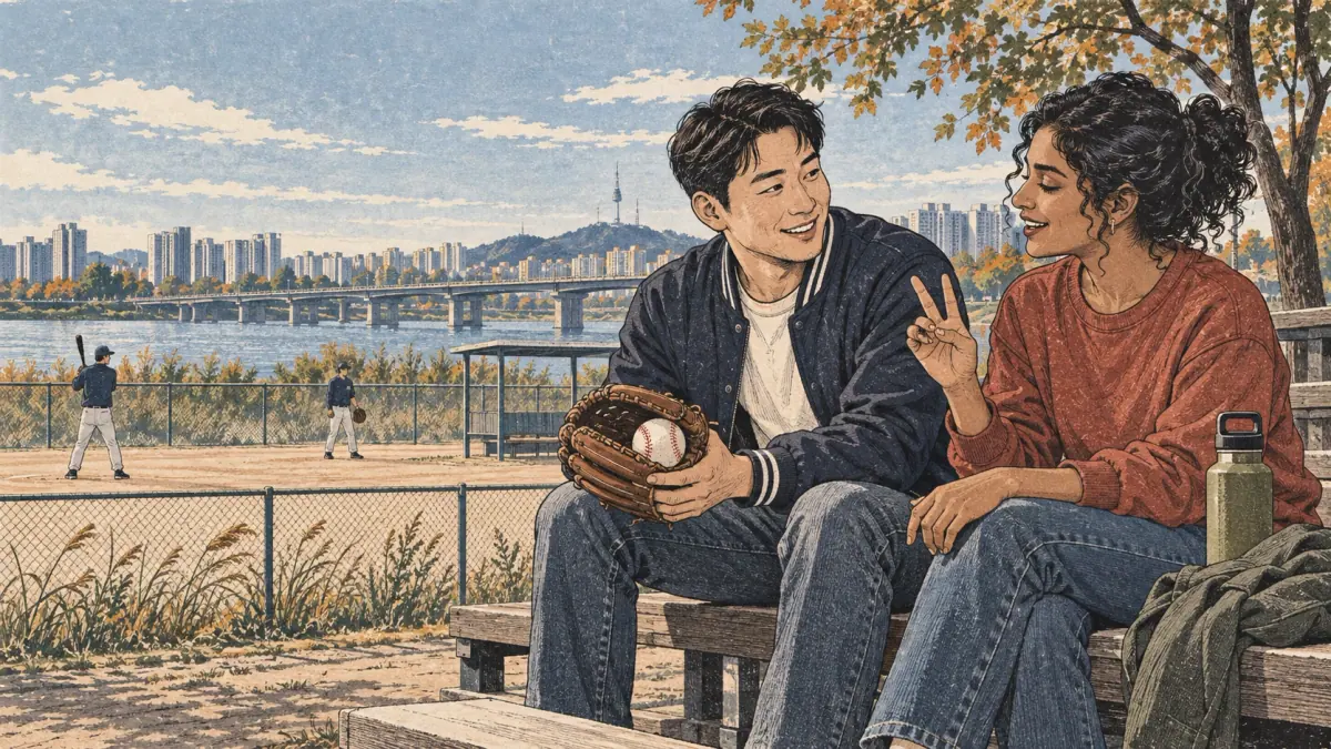 Two adult friends practice Korean y-glide pronunciation while watching baseball beside the Han River.