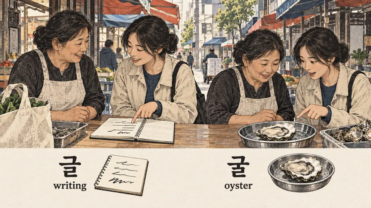 Korean examples: 글 / 굴