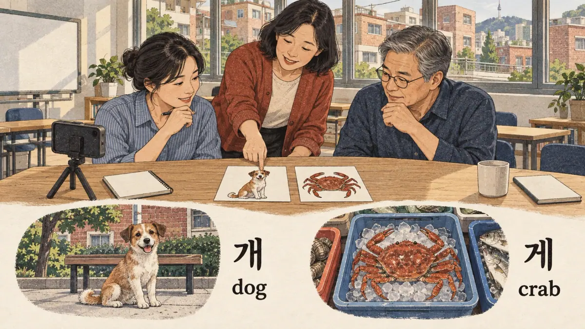 Korean examples: 개 / 게
