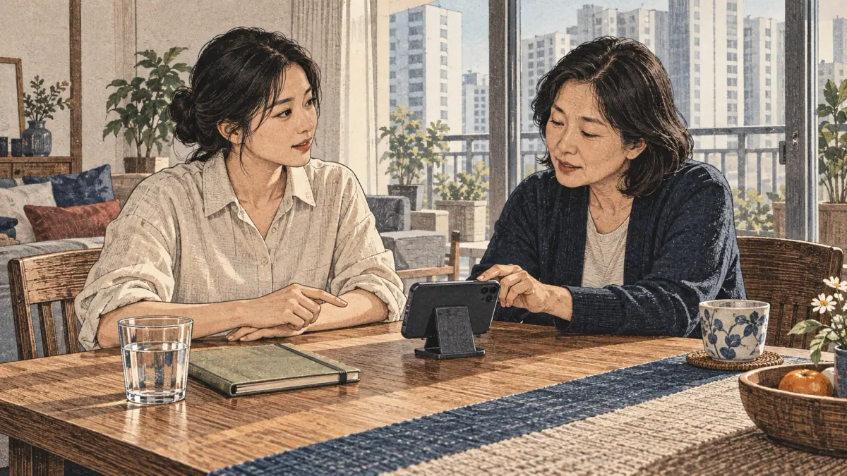 Adults practise Korean pronunciation in a Seoul apartment dining room.