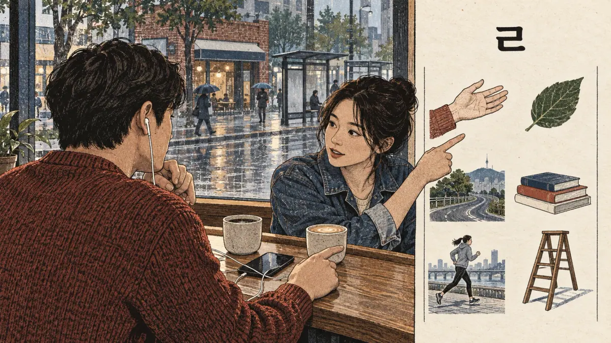 Adults practise Korean pronunciation in a Mapo cafe window counter.