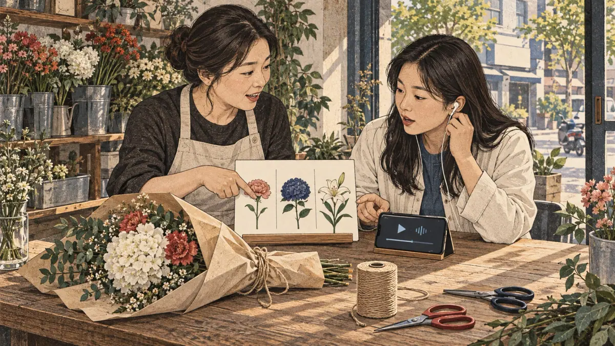 Adults practise Korean pronunciation in a Korean neighbourhood florist.