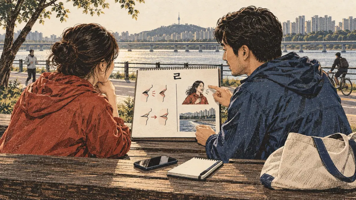 Adults practise Korean pronunciation in a Han River park bench.