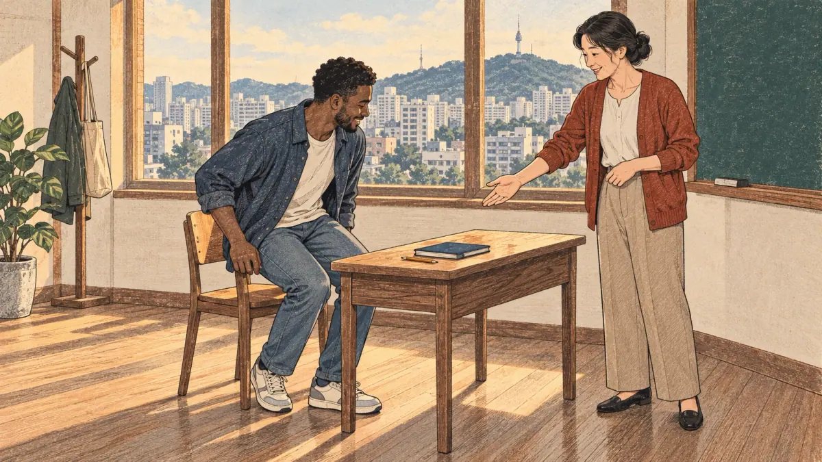 A Korean teacher invites an adult learner to sit at a classroom desk.
