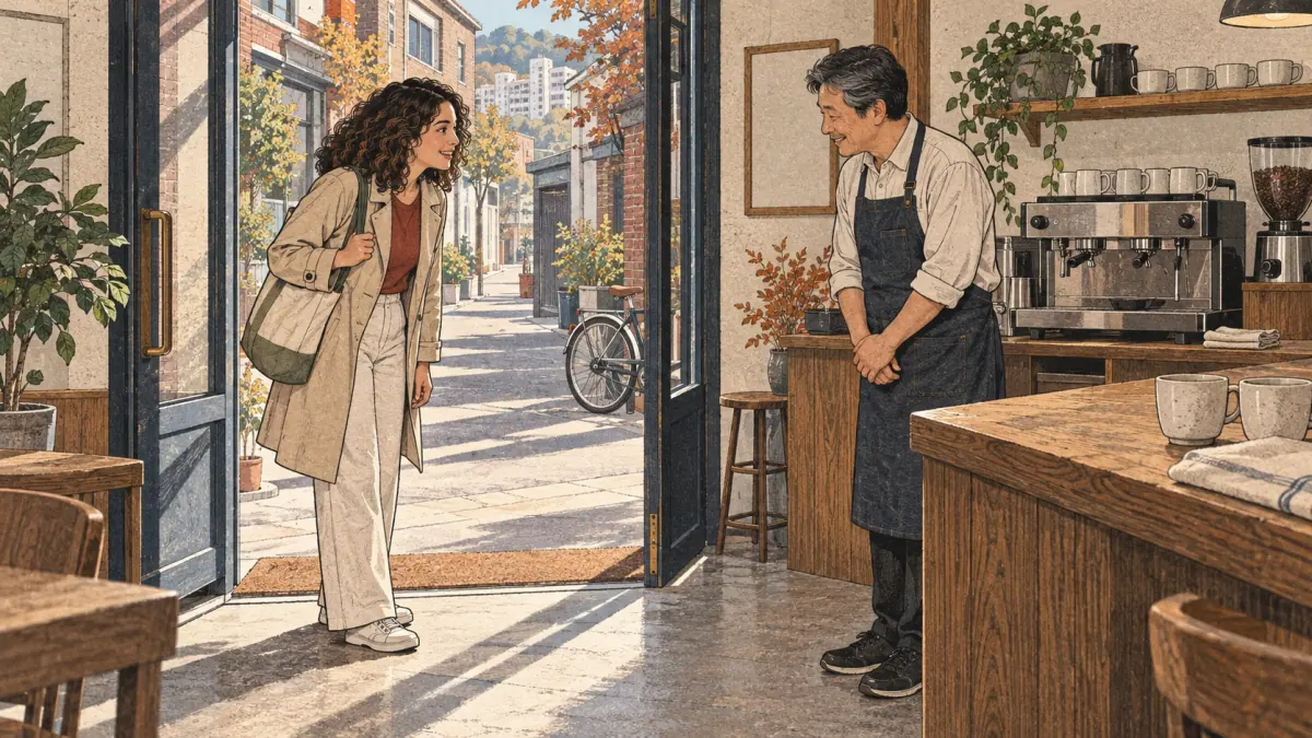 An adult learner and a Korean café owner exchange a polite greeting at the doorway.