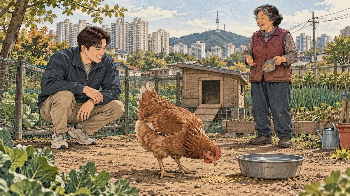 An adult learner observes a hen with a Korean caretaker at a community garden near Seoul apartments.